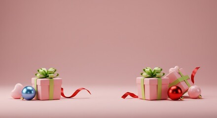 ピンク背景 可愛いギフトボックス 華やかリボン飾り