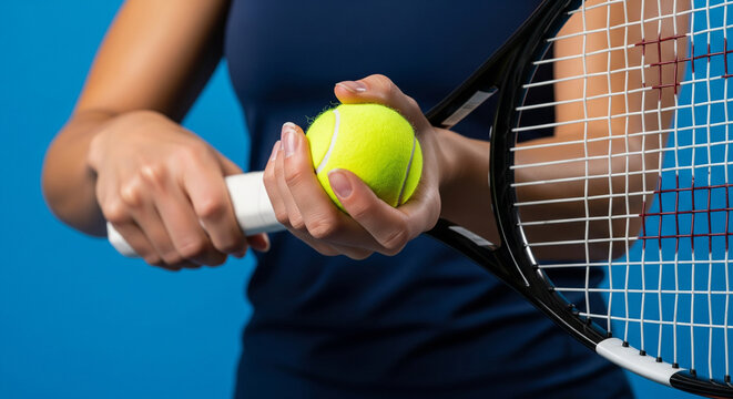 Close-up of a female tennis player holding a racket and a tennis ball, ready for the game