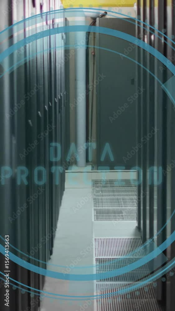 Poster Animation of data protection text and digital data processing over computer servers