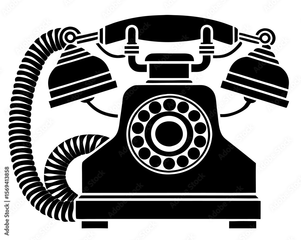 Poster vector illustration of a vintage rotary dial telephone with a coiled cord and receiver on each side 