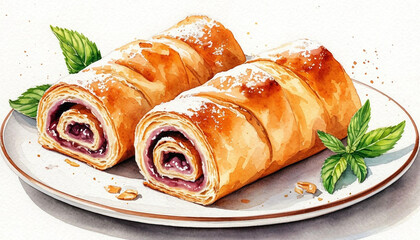 Watercolor. Illustration. Juicy food. Strudel on a plate on a white background. For design.