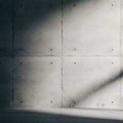 Concrete wall with geometric paneling, featuring shadows and a minimalist aesthetic.