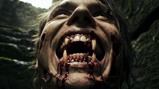teeth creepy - A close-up of a man with a distressed expression, showing injuries on his face, set against a moss-covered stone staircase in a dimly lit environment, suggesting a dramatic scene