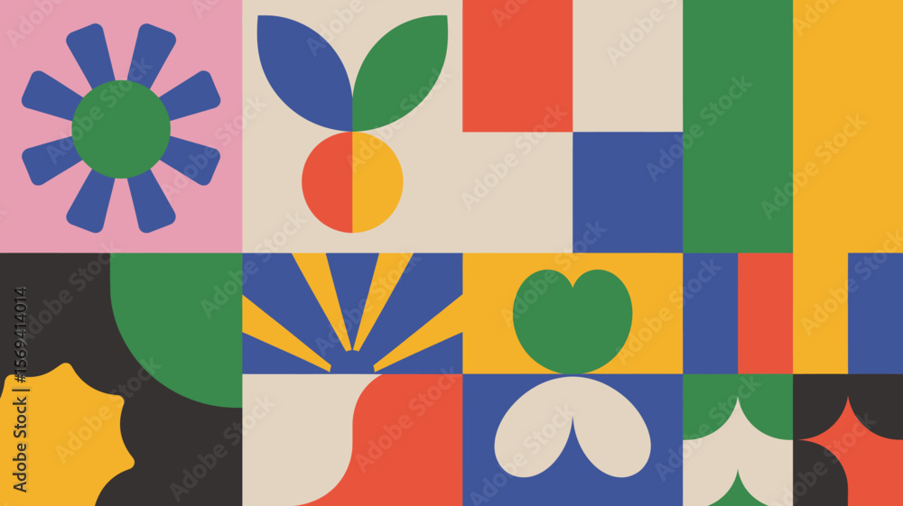 Poster abstract geometric composition featuring flowers shapes and blocks of color in a square grid layout