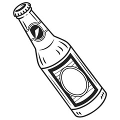 Black and white illustration of a glass bottle with a cap and label beverage drink