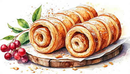 Watercolor. Illustration. Juicy food. Trdelnik or bun on a plate. White background. For design.