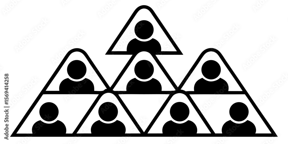 Poster vector pyramid scheme representation with stylized people icons arranged in triangular shapes showin
