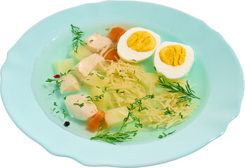Bowl of homemade chicken noodle soup with potato, carrot, boiled egg, dill, and pepper. Served in a...