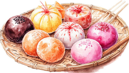 Watercolor. Illustration. Juicy food. Japanese dessert. Mochi in different colors on a festive plate. Set. On a white background. For design.