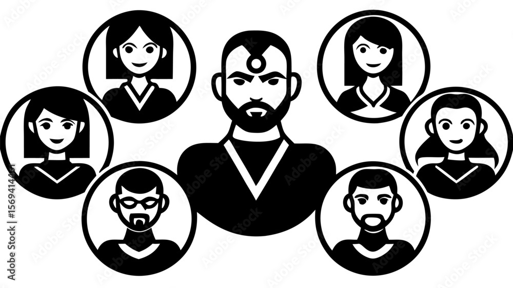 Poster vector illustration of a man with a beard and a bindi surrounded by six people in circular frames 10