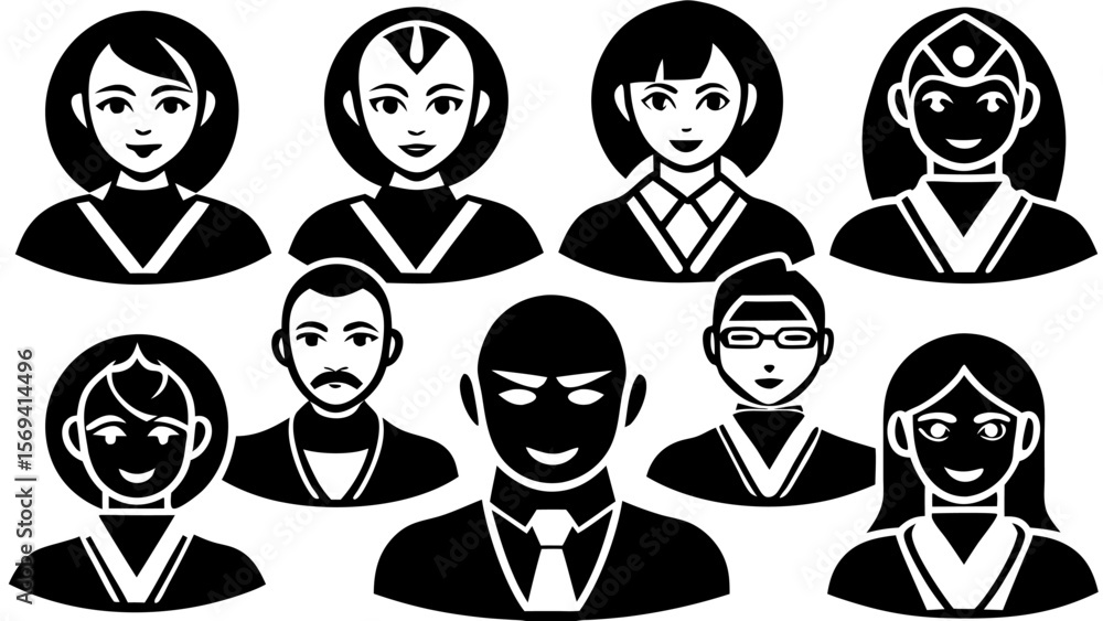 Poster vector black and white avatars of diverse individuals displaying various expressions and hairstyles 