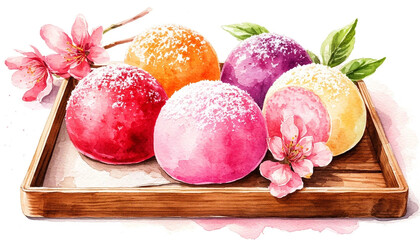 Watercolor. Illustration. Juicy food. Japanese dessert. Mochi in different colors on a festive plate. On a white background. For design.