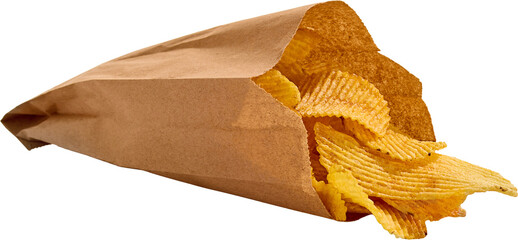 Crispy ridged potato chips spilling from natural brown kraft paper bag. Golden and crunchy snack...