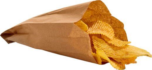 Crispy ridged potato chips spilling from natural brown kraft paper bag. Golden and crunchy snack isolated on transparent background. Concept of snack branding and packaging design. Mockup for ad, text