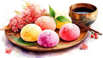 Watercolor. Illustration. Juicy food. Japanese dessert. Mochi in different colors on a plate. Set. On a white background. For design.