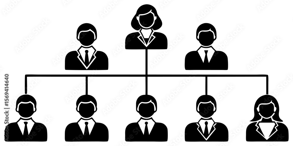 Poster vector organization chart showing hierarchy with a woman at the top and subordinates in black and wh
