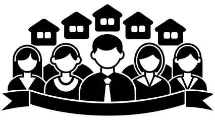 Vector  black and white illustration of a community with houses and people under a banner graphic design