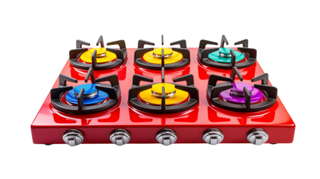 Red stove top with colorful burners creates a vibrant kitchen appliance design isolated on transparent background