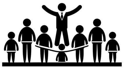 Vector  a group of stick figures with one standing on others and another under a rope with arms raised high