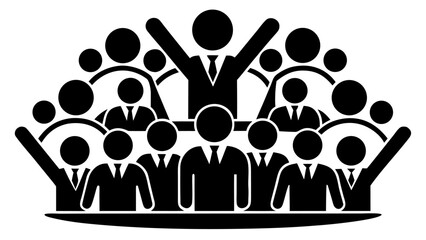 Vector  illustration of a group of business people with one leader raising arms in a crowd of colleagues
