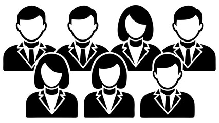 Vector  illustration of seven people in business attire with no facial features in black and white style