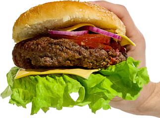 Hand holds a classic cheeseburger with fresh toppings and a sesame bun, lettuce, tomato, onion,...