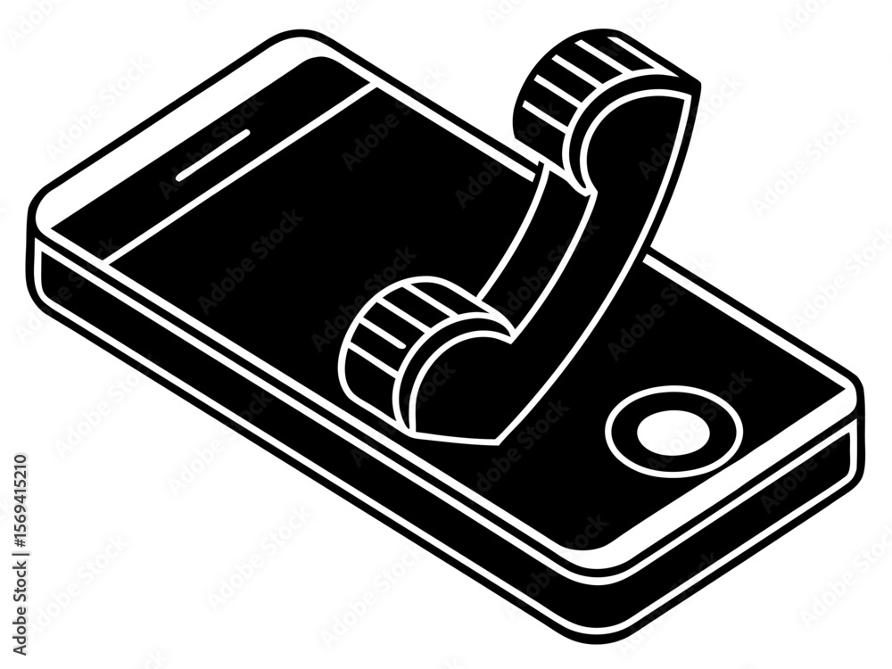 Poster vector isometric view of a smartphone with a handset receiver emerging from the screen in black and 