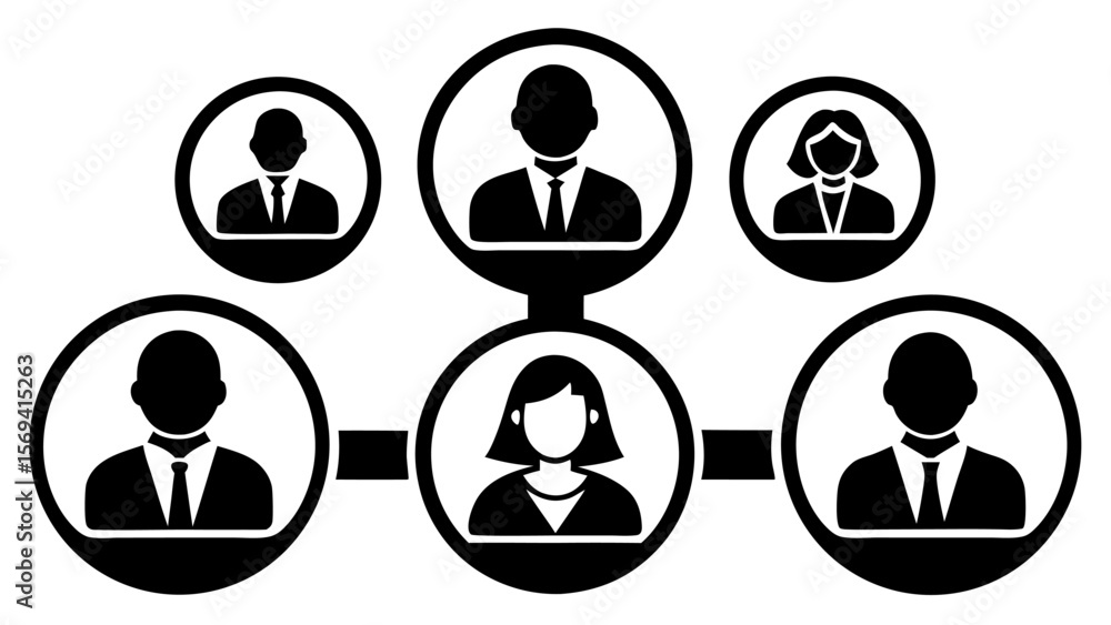 Poster vector black and white illustration of a network of people connected by lines and circles showing hi