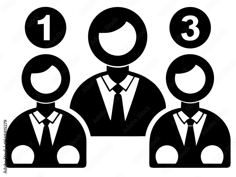 Poster vector three stylized figures in suits with numbers one and three above the figures on the sides sho