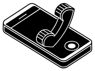 Vector  isometric view of a smartphone with a handset receiver emerging from the screen in black and white style