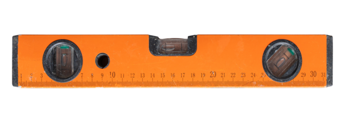 Orange construction bubble level isolated on transparent background, PNG file