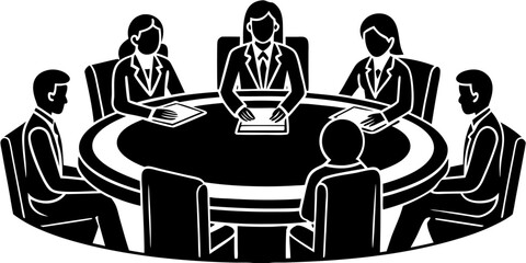 Vector  illustration of seven people in suits sitting around a round table in a business meeting scene setting