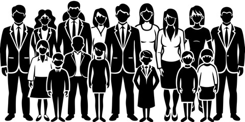 Vector  illustration of a large group of people consisting of adults and children in formal attire standing together