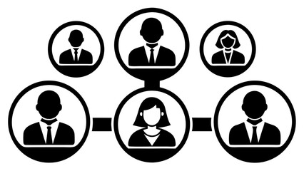 Vector  black and white illustration of a network of people connected by lines and circles showing hierarchy