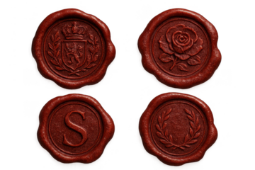 Four maroon wax seals on a transparent background showcasing different imprints