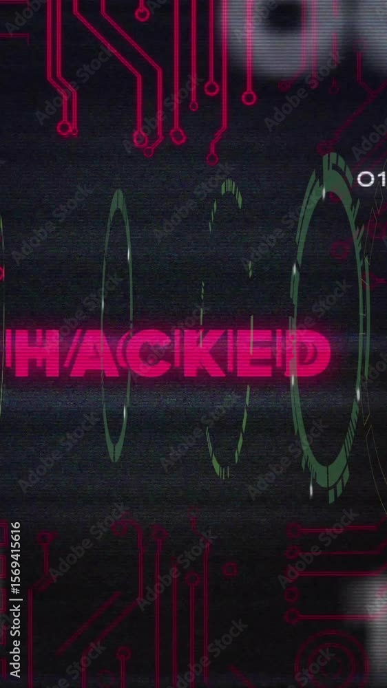 Poster animation of network of connections over scope scanning and hacked text