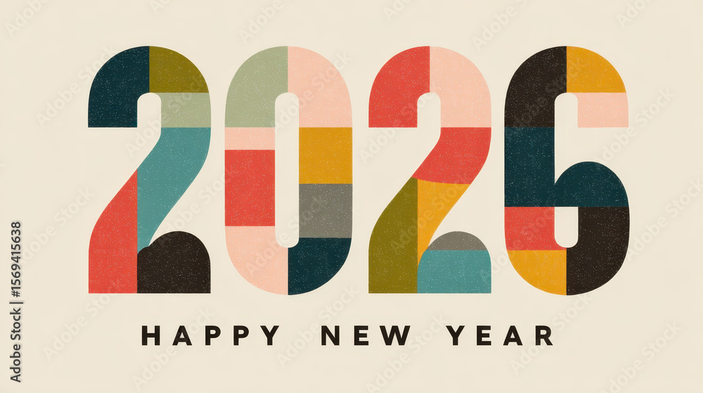 Poster colorful geometric 2026 digits floating over textured surface, displaying festive design capturing u