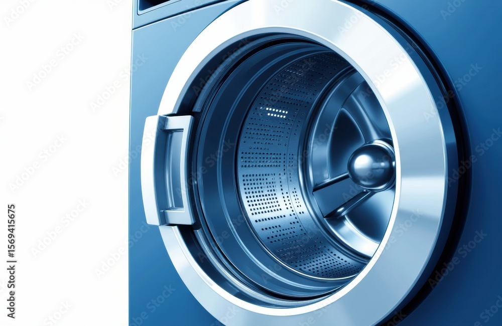 Poster front view of a modern washing machine with open door showing drum and metallic finish