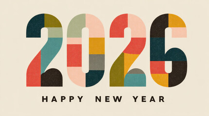 Colorful geometric 2026 digits floating over textured surface, displaying festive design capturing upcoming year's vibrant celebration mood