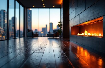 Fototapeta premium Modern living room with a sleek fireplace and large windows overlooking a city skyline at sunset