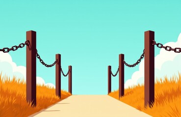 Obraz premium A pathway leading into the distance is bordered by wooden posts connected with chains under a clear blue sky