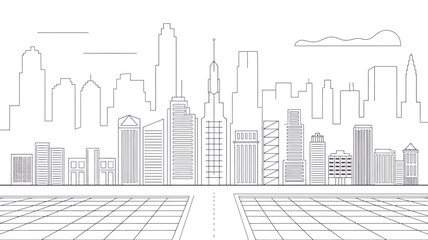 Fototapeta premium A black and white line drawing of a city skyline with buildings and a grid like pattern in the foreground