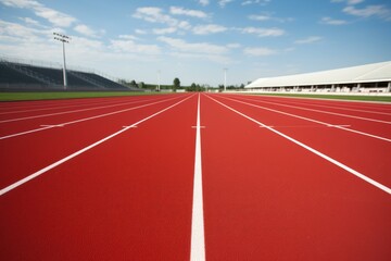 Empty red running track in an outdoor stadium with bleachers and a blue sky with clouds