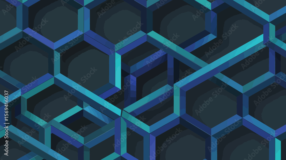 Poster a geometric pattern of interlocking blue and teal hexagons creating a modern abstract design effect