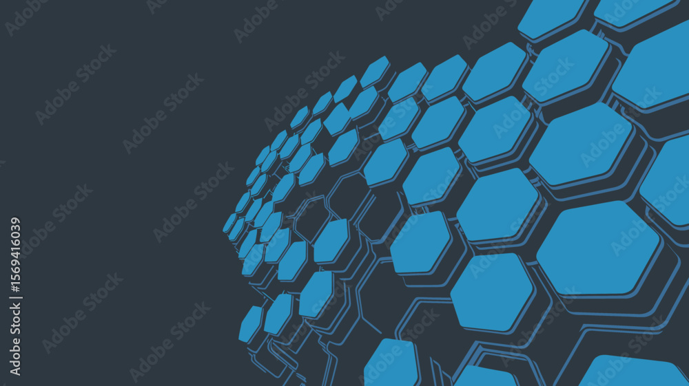 Poster a geometric pattern of blue hexagons layered on a dark background creating a three dimensional effec