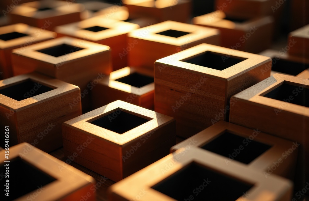 Poster wooden blocks with hollow centers arranged in a pattern on a warm-lit surface