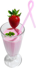 Vibrant pink strawberry milkshake in a glass with a whole strawberry and curly straw on top. Concept of summer beverage advertising, drink menu design