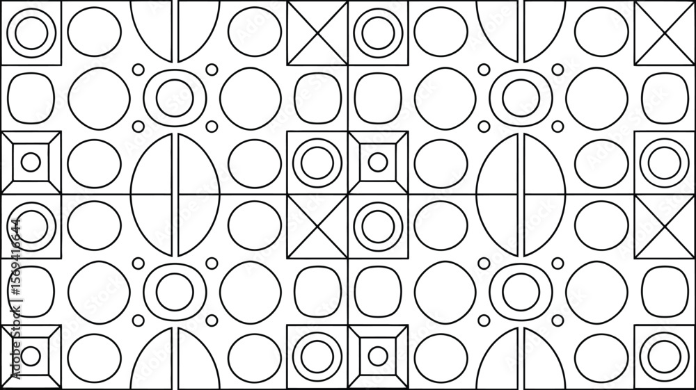 Poster geometric pattern with circles squares and other shapes arranged in a repeating symmetrical design