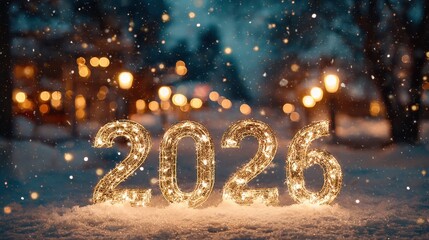 Glowing illuminated 2026 numbers floating amid falling snowflakes, casting soft light across winter urban park landscape during festive evening scene