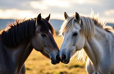 Obraz premium Two horses with touching noses stand in a grassy field during sunset, creating a peaceful and natural scene suitable for wildlife, animals, or nature themes